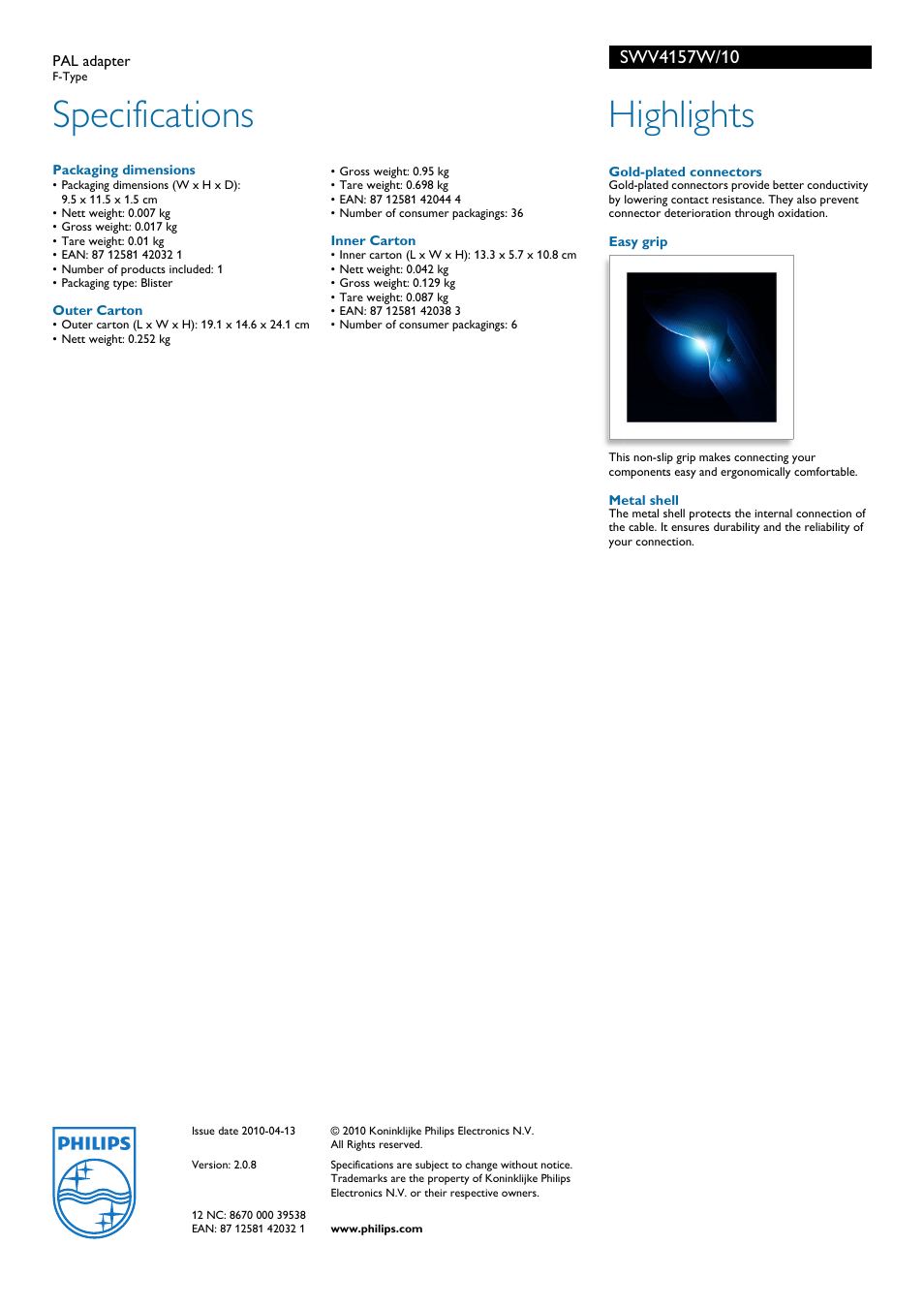 Specifications, Highlights | Philips SWV4157W/10 User Manual | Page 2 / 2