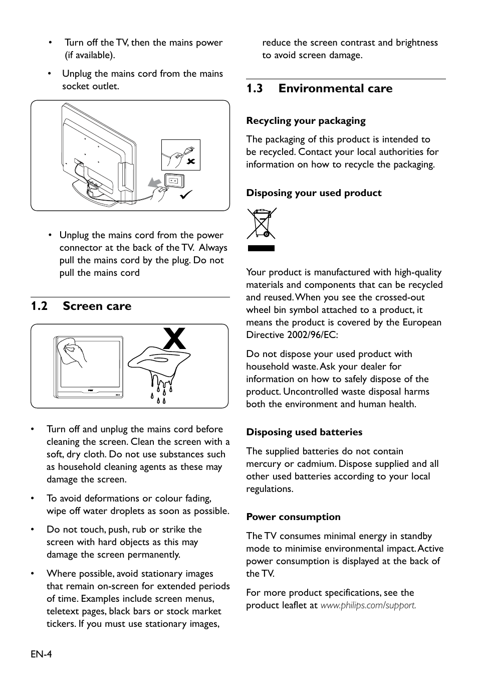 1�2 screen care, 1�3 environmental care | Philips 20HFL3330D/10 User Manual | Page 16 / 48