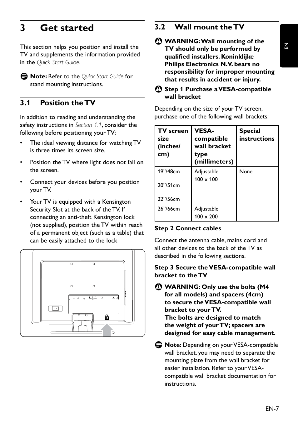 3 get started, 3�1 position the tv, 3�2 wall mount the tv | Philips 20HFL3330D/10 User Manual | Page 19 / 48