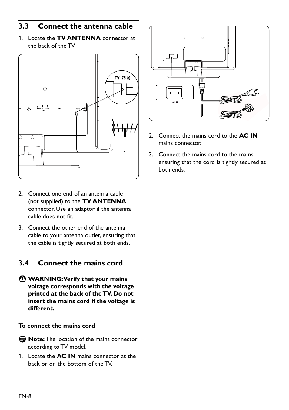 3�3 connect the antenna cable, 3�4 connect the mains cord | Philips 20HFL3330D/10 User Manual | Page 20 / 48