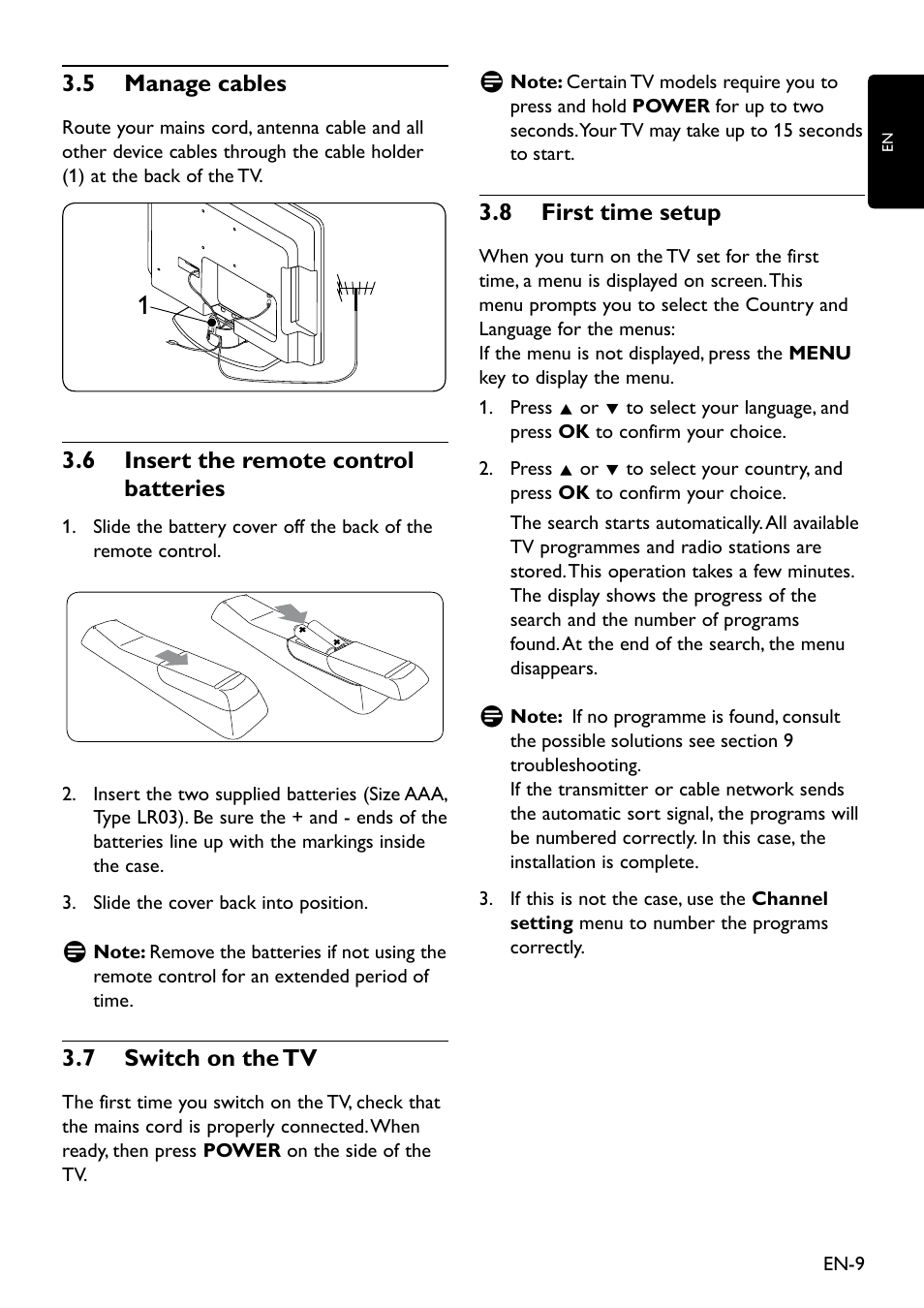 3�5 manage cables, 3�6 insert the remote control batteries, 3�7 switch on the tv | First time setup 3�8 | Philips 20HFL3330D/10 User Manual | Page 21 / 48