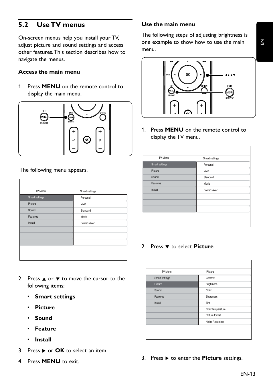 Use tv menus 5�2, En-13, Press 2. ï to select picture | Press 3. æ to enter the picture settings | Philips 20HFL3330D/10 User Manual | Page 25 / 48