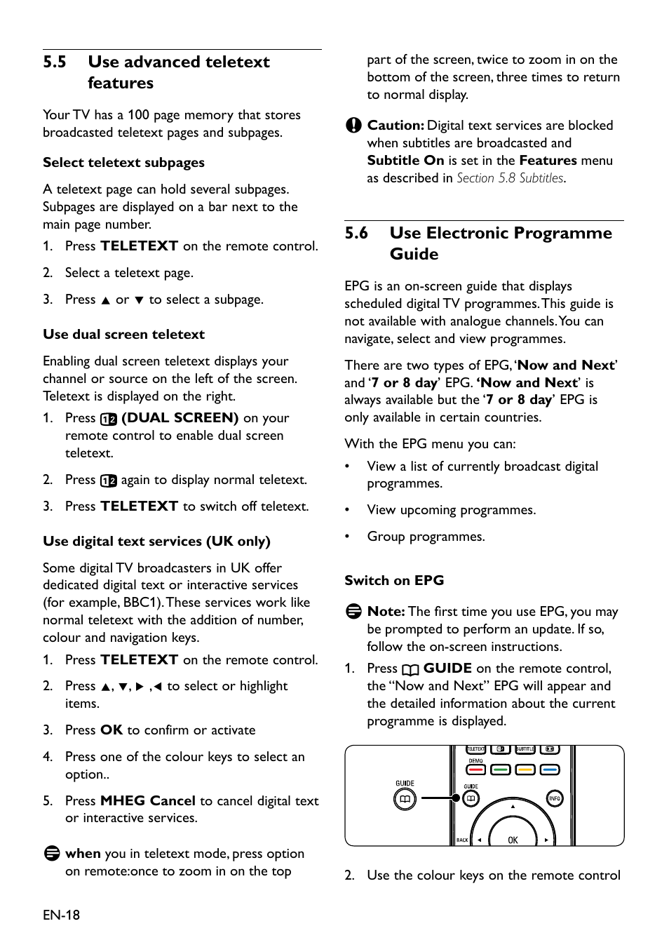 Use advanced teletext 5�5 features, 5�6 use electronic programme guide | Philips 20HFL3330D/10 User Manual | Page 30 / 48