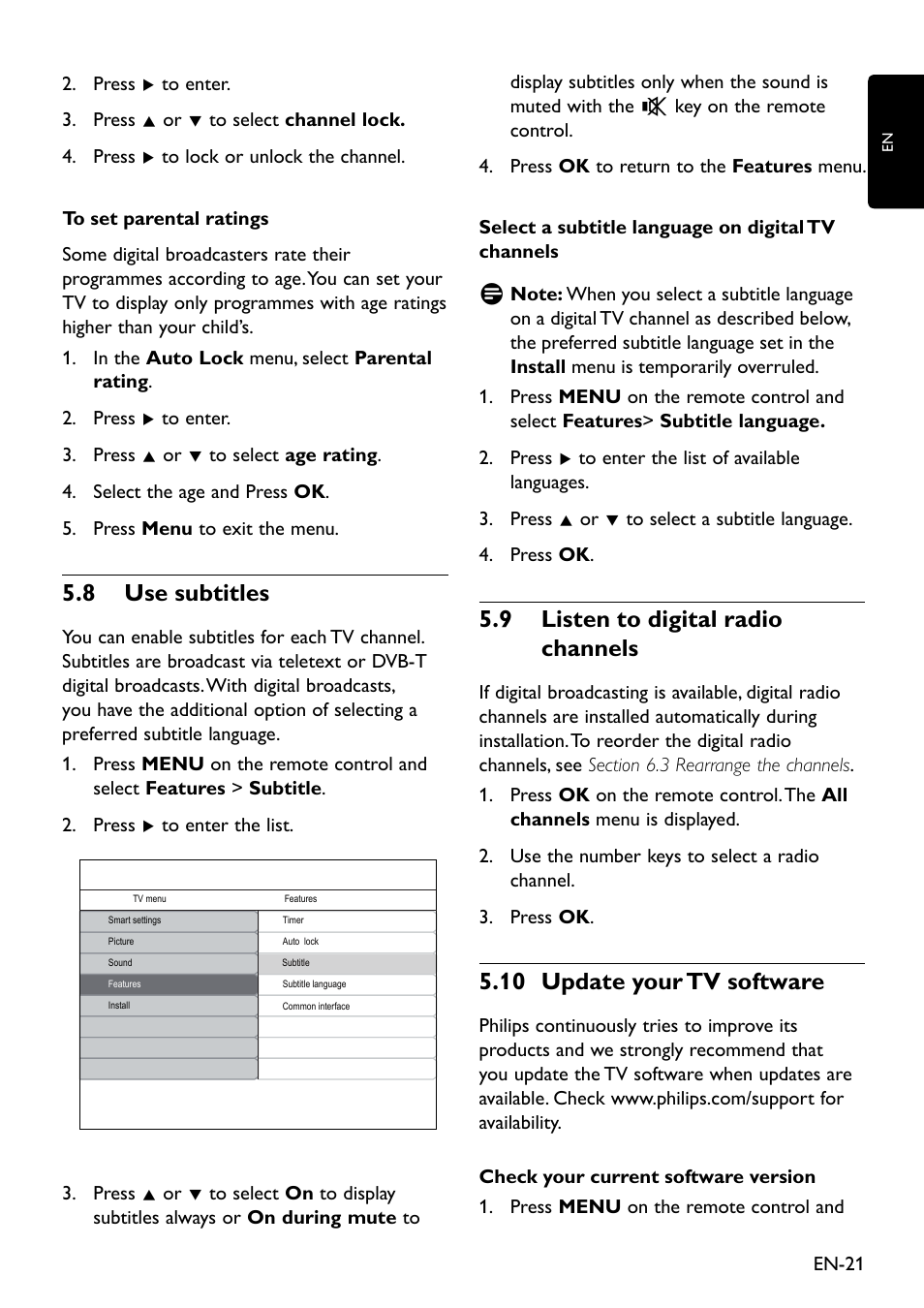 5�8 use subtitles, 5�9 listen to digital radio channels, 5�10 update your tv software | Philips 20HFL3330D/10 User Manual | Page 33 / 48
