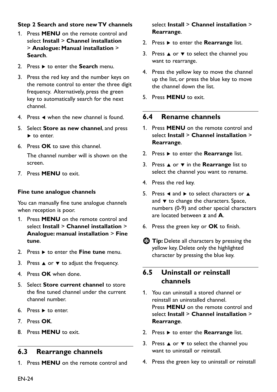 6�3 rearrange channels, Rename channels 6�4, 6�5 uninstall or reinstall channels | Philips 20HFL3330D/10 User Manual | Page 36 / 48