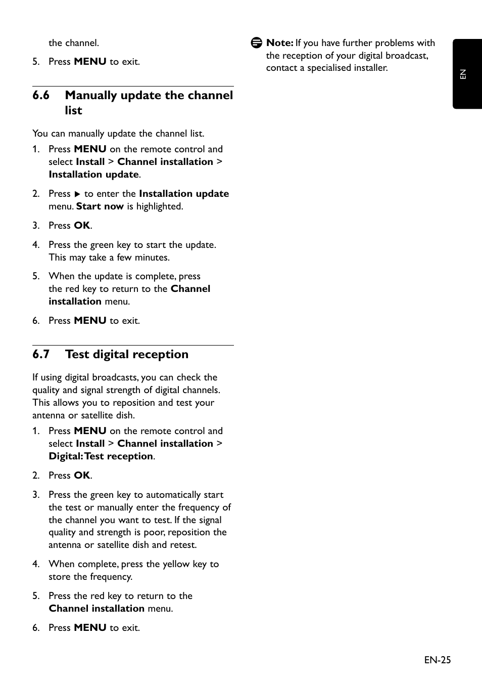 Manually update the channel 6�6 list, 6�7 test digital reception | Philips 20HFL3330D/10 User Manual | Page 37 / 48
