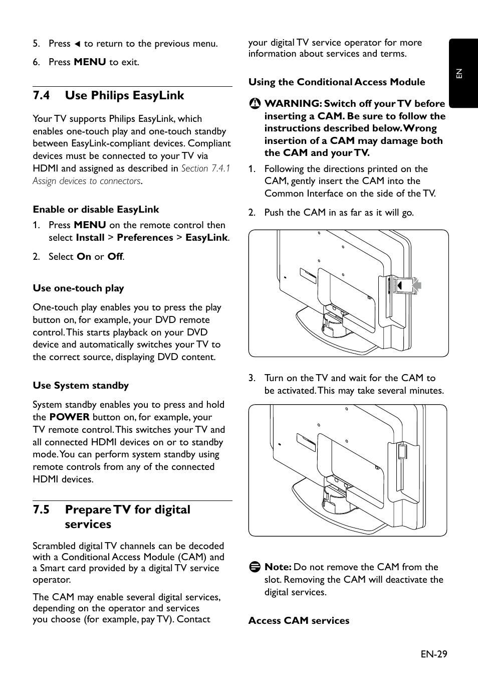 Use philips easylink 7�4, 7�5 prepare tv for digital services | Philips 20HFL3330D/10 User Manual | Page 41 / 48