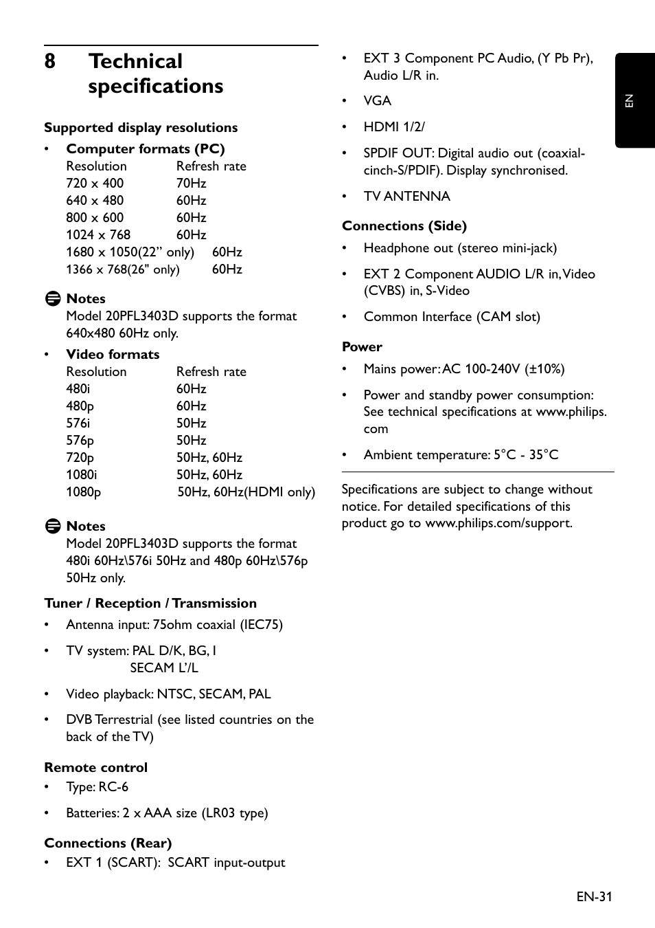 8 technical specifications | Philips 20HFL3330D/10 User Manual | Page 43 / 48