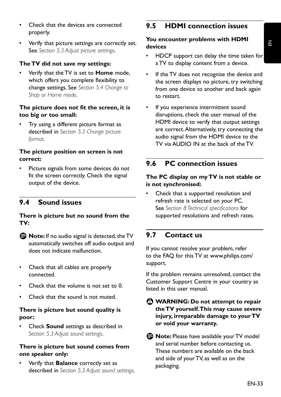 Sound issues 9�4, Hdmi connection issues 9�5, Pc connection issues 9�6 | Contact us 9�7 | Philips 20HFL3330D/10 User Manual | Page 45 / 48