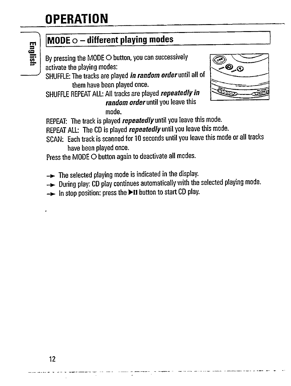 Operation, Mode, Different playing modes | Philips AZ 7181/00 User Manual | Page 12 / 20