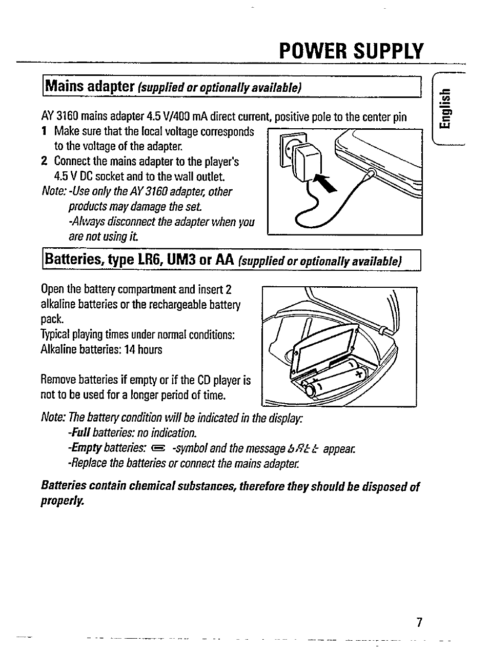 Power supply, Mains adapter, Batteries, type lr6, um3 or aa | Philips AZ 7181/00 User Manual | Page 7 / 20