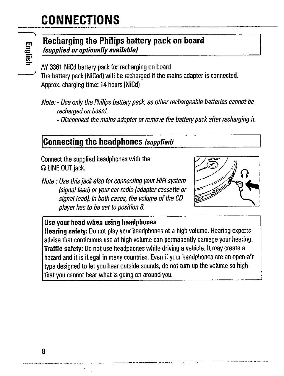 Connections, Recharging the philips battery pack on board, Connecting the headphones | Philips AZ 7181/00 User Manual | Page 8 / 20