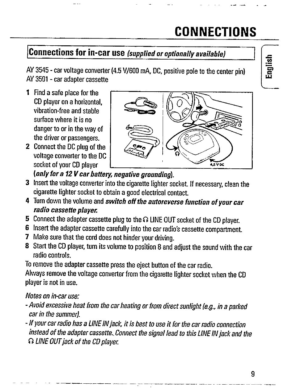 Connections, Connections for in-car use | Philips AZ 7181/00 User Manual | Page 9 / 20