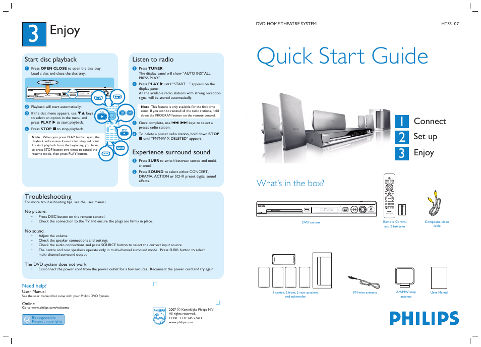 Quick start guide, Enjoy, Connect set up enjoy | What’s in the box, Start disc playback, Listen to radio, Experience surround sound, Troubleshooting | Philips Active Speaker System User Manual | Page 2 / 2