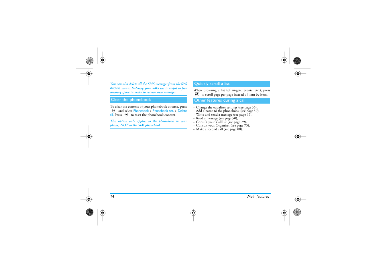 Clear the phonebook, Quickly scroll a list, Other features during a call | Philips 535 User Manual | Page 16 / 102