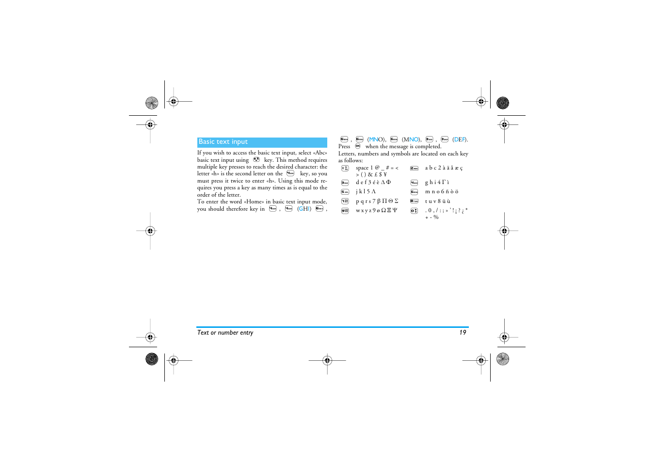 Basic text input | Philips 535 User Manual | Page 21 / 102