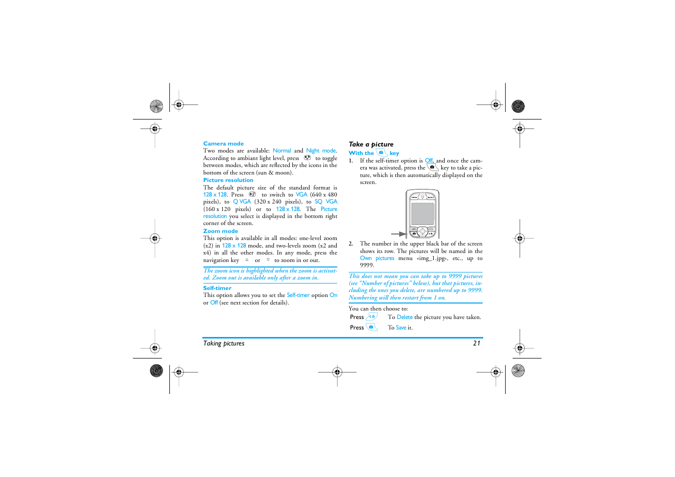 Camera mode, Picture resolution, Zoom mode | Self-timer, Take a picture, With the c key | Philips 535 User Manual | Page 23 / 102