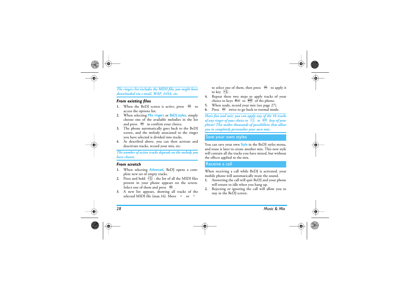 From existing files, From scratch, Save your own styles | Receive a call, From existing files from scratch, Save your own styles receive a call | Philips 535 User Manual | Page 30 / 102