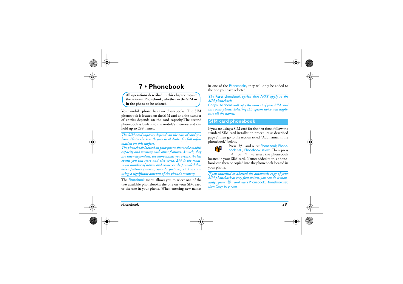 7 • phonebook, Sim card phonebook, Phonebook | Phonebook p29, Phonebook select | Philips 535 User Manual | Page 31 / 102