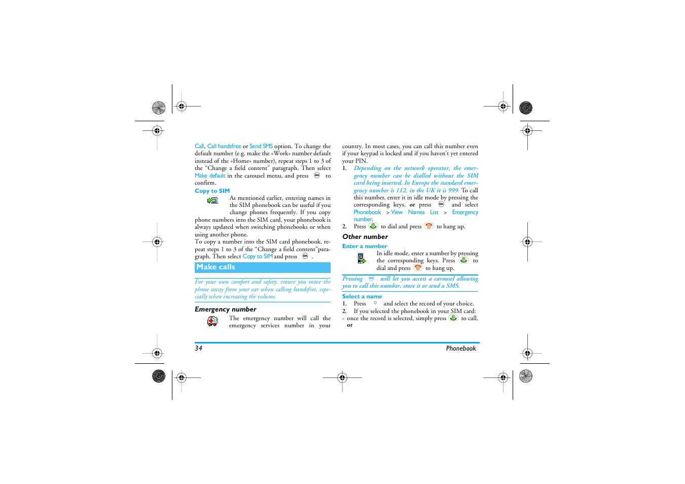 Copy to sim, Make calls, Emergency number | Other number, Enter a number, Select a name, Emergency number other number | Philips 535 User Manual | Page 36 / 102