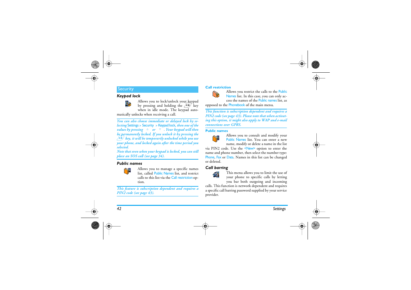 Security, Keypad lock, Public names | Call restriction, Call barring, Keypad lock public names call barring, Security p42, Keypad lock / public names | Philips 535 User Manual | Page 44 / 102