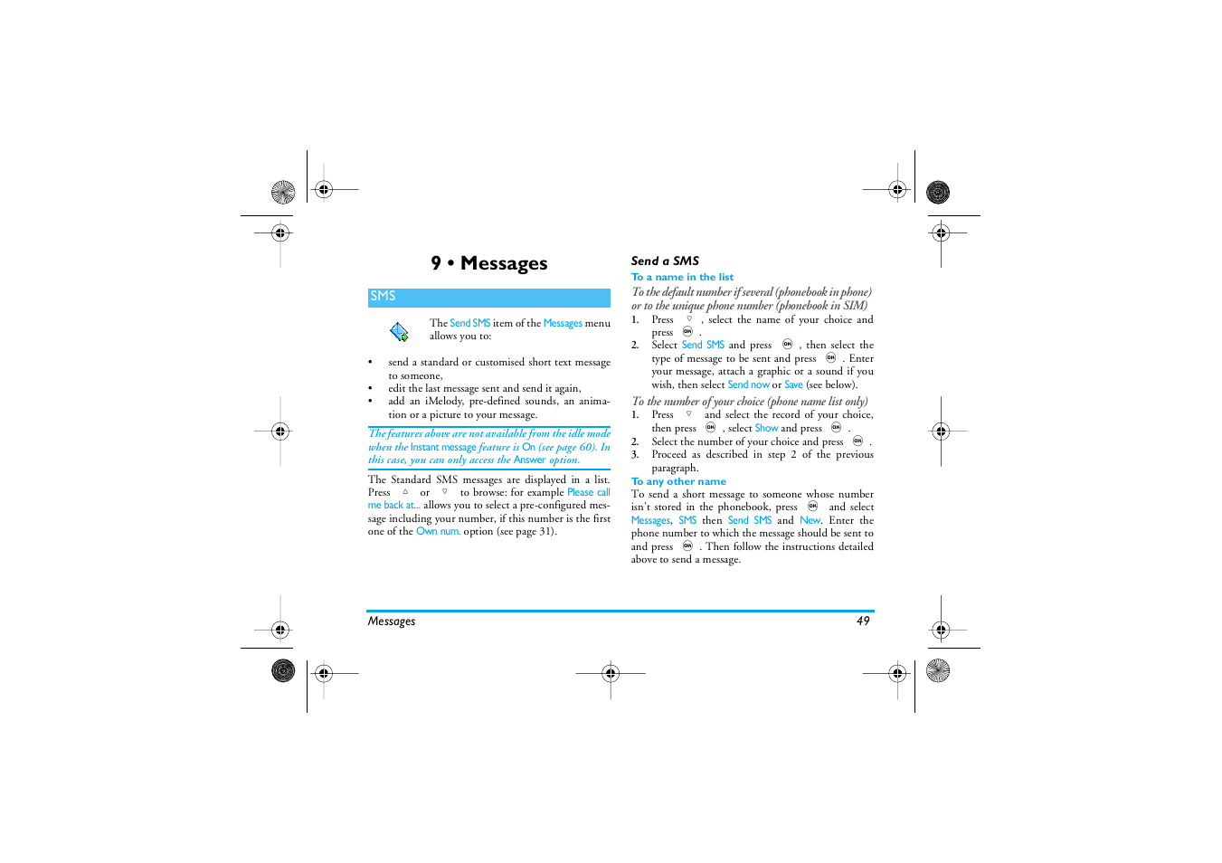 9 • messages, Send a sms, To a name in the list | To any other name, Messages, Messages p49, Sms p49 | Philips 535 User Manual | Page 51 / 102