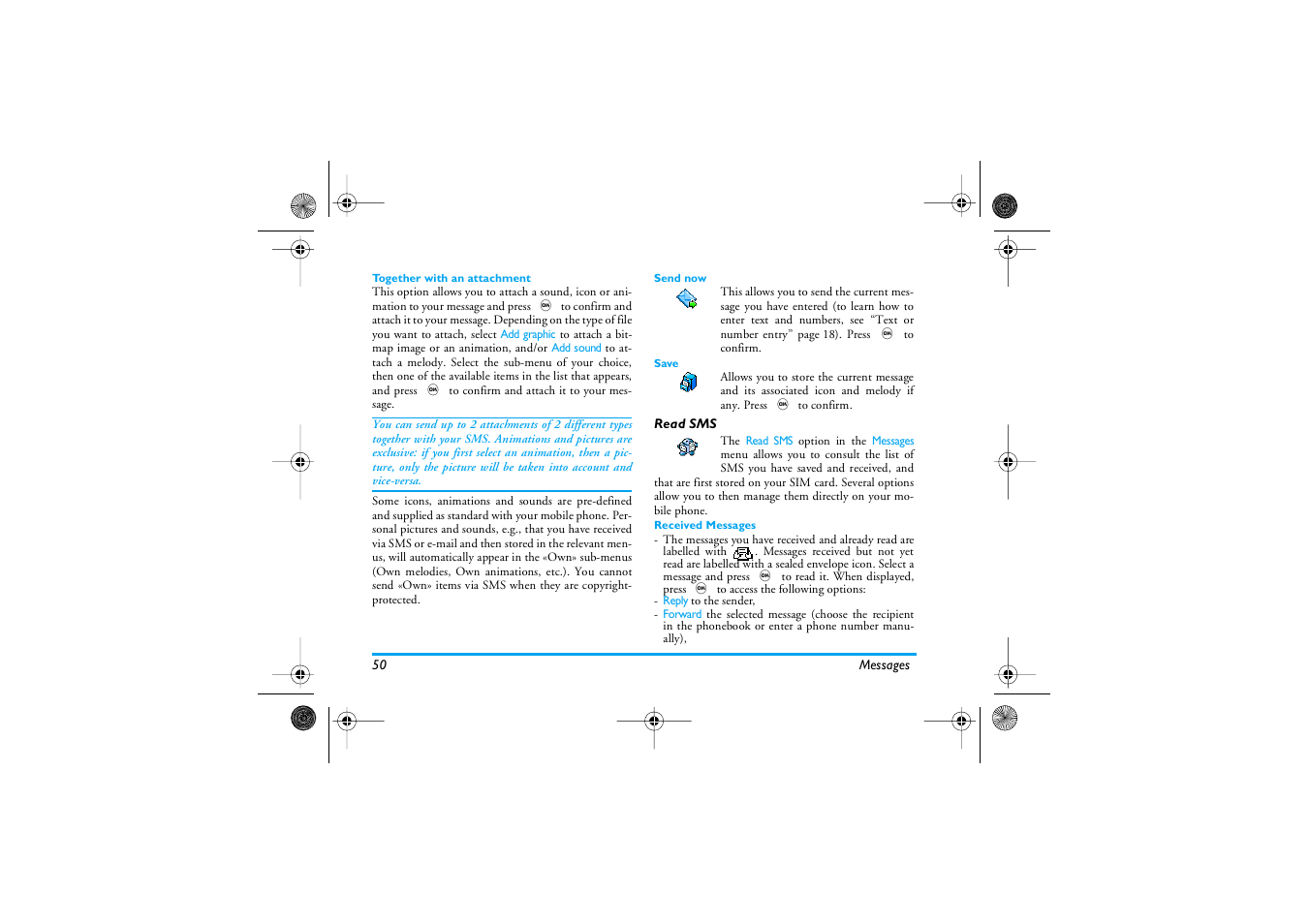 Together with an attachment, Send now, Save | Read sms, Received messages | Philips 535 User Manual | Page 52 / 102