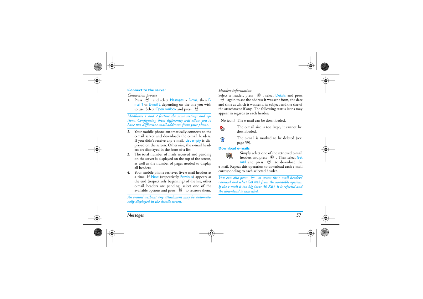 Connect to the server, Download e�mails | Philips 535 User Manual | Page 59 / 102