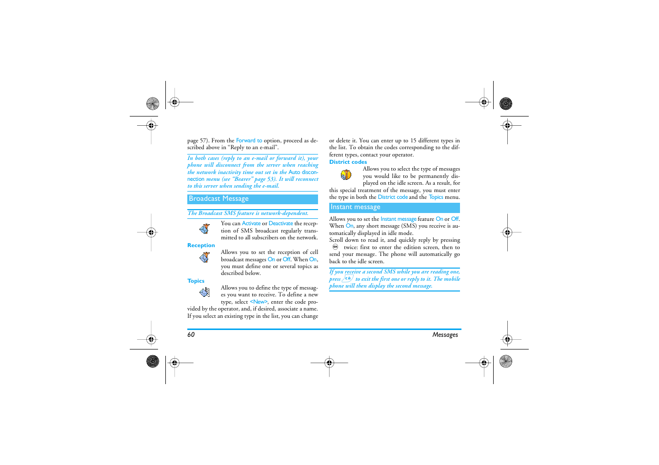 Broadcast message, Reception, Topics | District codes, Instant message, Broadcast message instant message, Broadcast message p60, Instant message p60 | Philips 535 User Manual | Page 62 / 102