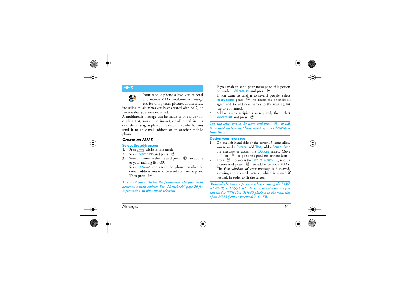 Create an mms, Select the addressees, Design your message | Mms p61 | Philips 535 User Manual | Page 63 / 102