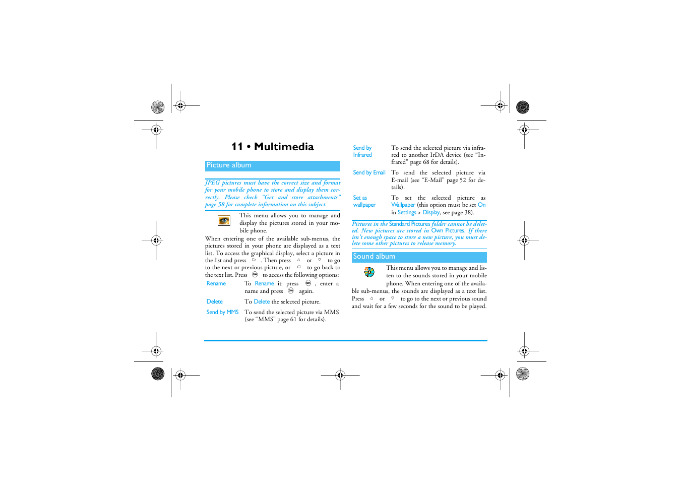 11 • multimedia, Picture album, Sound album | Multimedia, Picture album sound album, Multimedia p71, Picture album p71, Sound album p71 | Philips 535 User Manual | Page 73 / 102