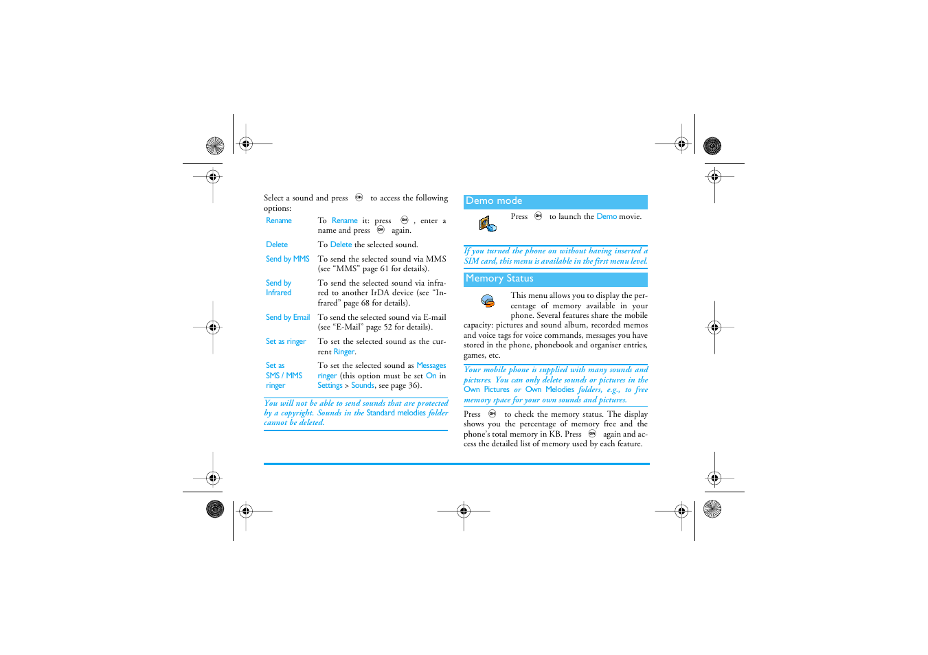 Demo mode, Memory status, Demo mode memory status | Demo mode p72, Memory status p72 | Philips 535 User Manual | Page 74 / 102