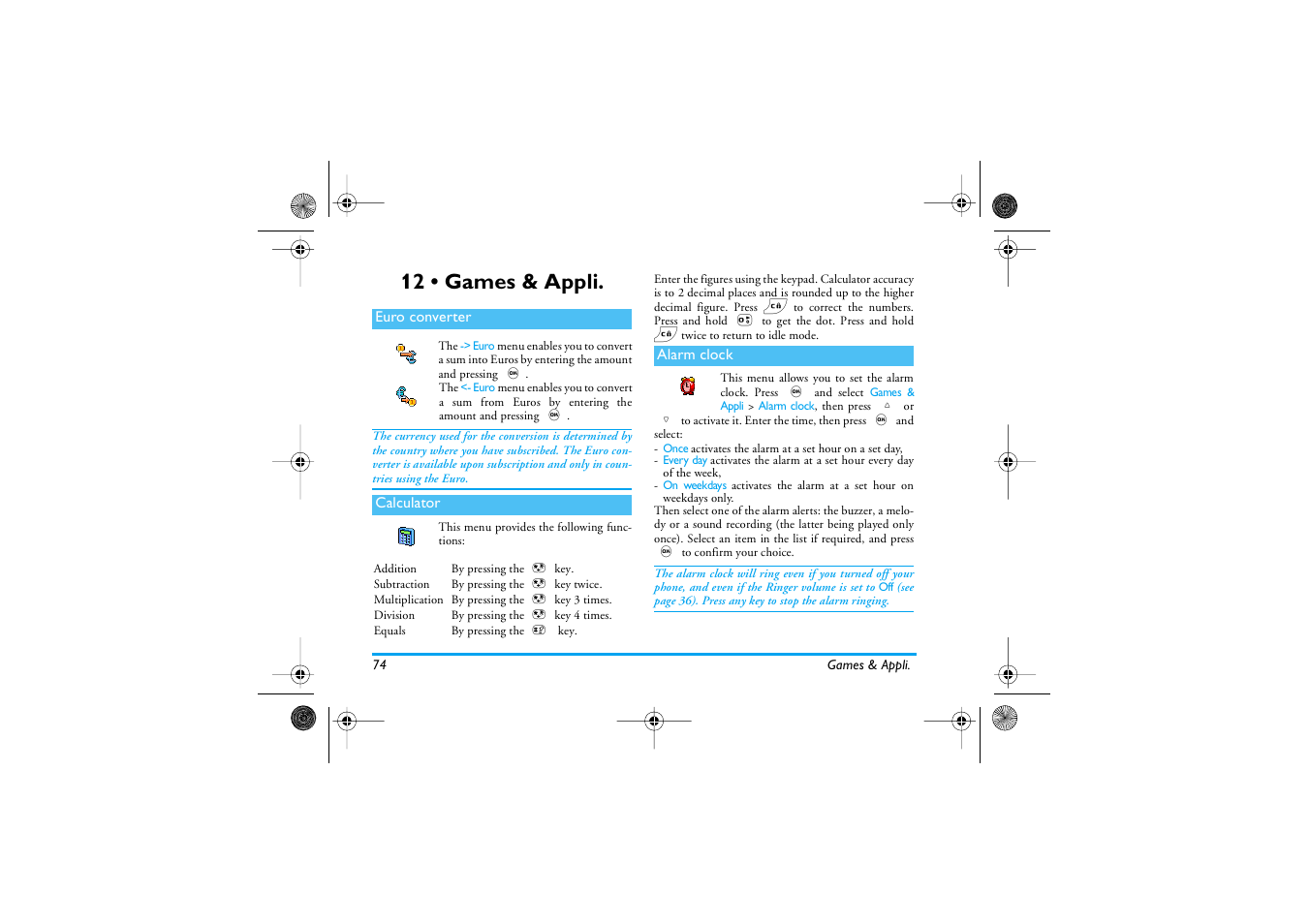 12 • games & appli, Euro converter, Calculator | Alarm clock, Games & appli, Euro converter calculator alarm clock, Games & appli. p74, Euro converter p74, Calculator p74, Alarm clock p74 | Philips 535 User Manual | Page 76 / 102