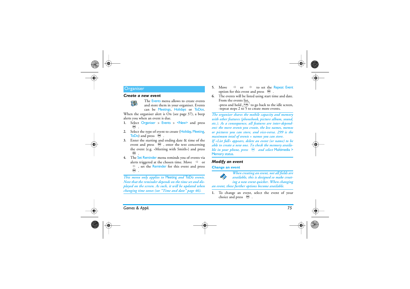 Organiser, Create a new event, Modify an event | Change an event, Create a new event modify an event, Organiser p75 | Philips 535 User Manual | Page 77 / 102
