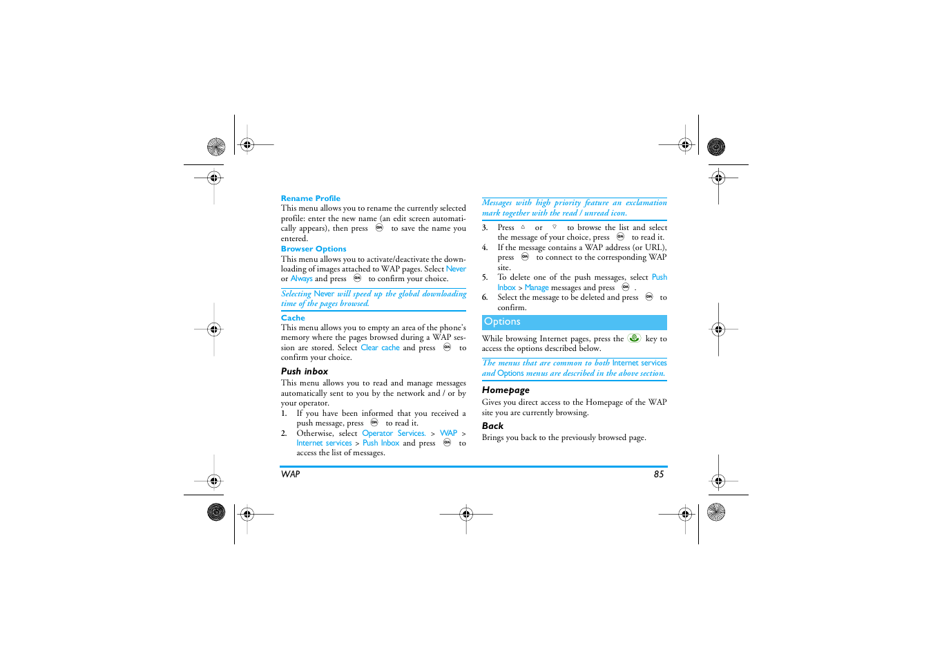 Rename profile, Browser options, Cache | Push inbox, Options, Back | Philips 535 User Manual | Page 87 / 102