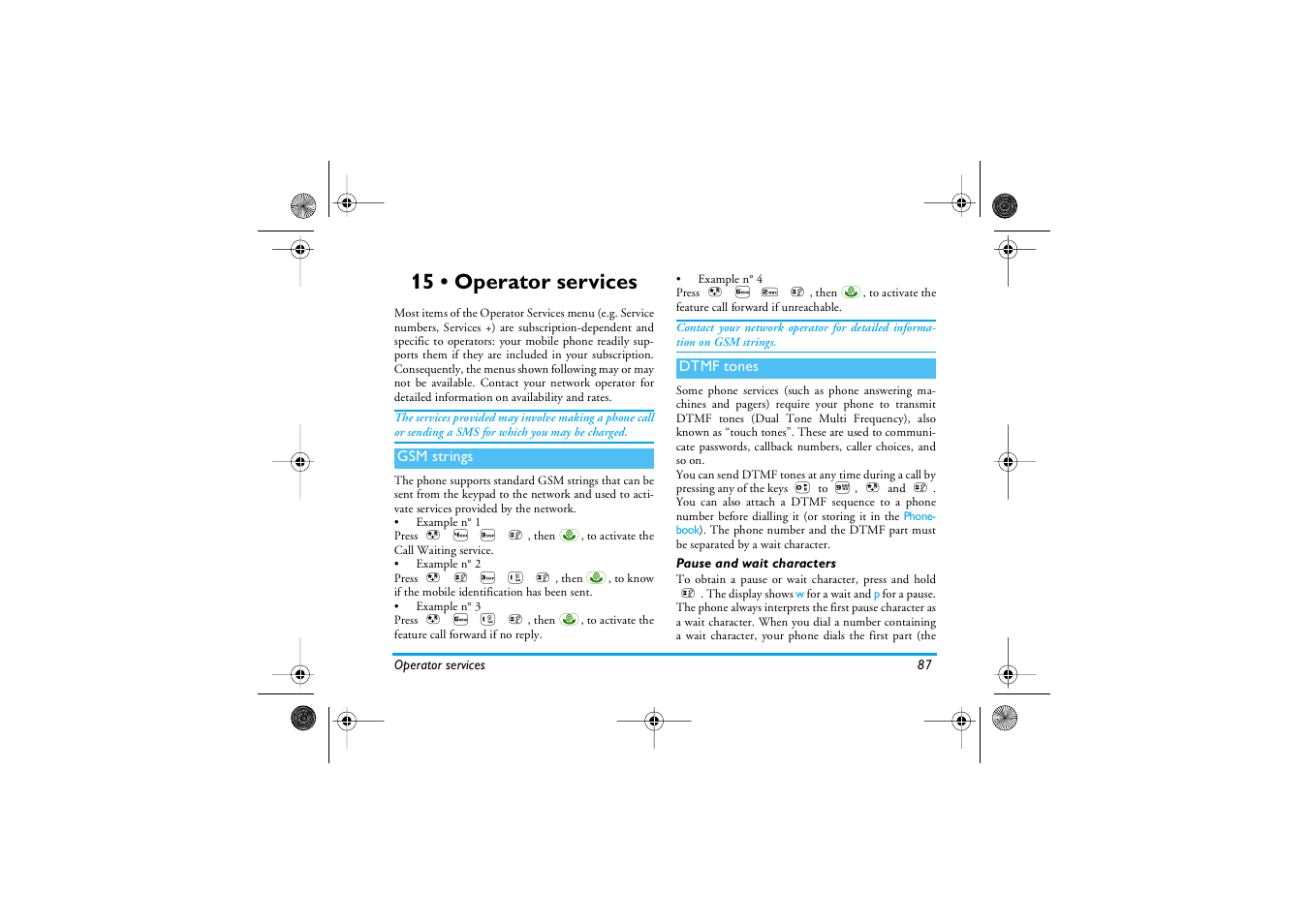 15 • operator services, Gsm strings, Dtmf tones | Pause and wait characters, Operator services, Gsm strings dtmf tones, Operator services p87 | Philips 535 User Manual | Page 89 / 102