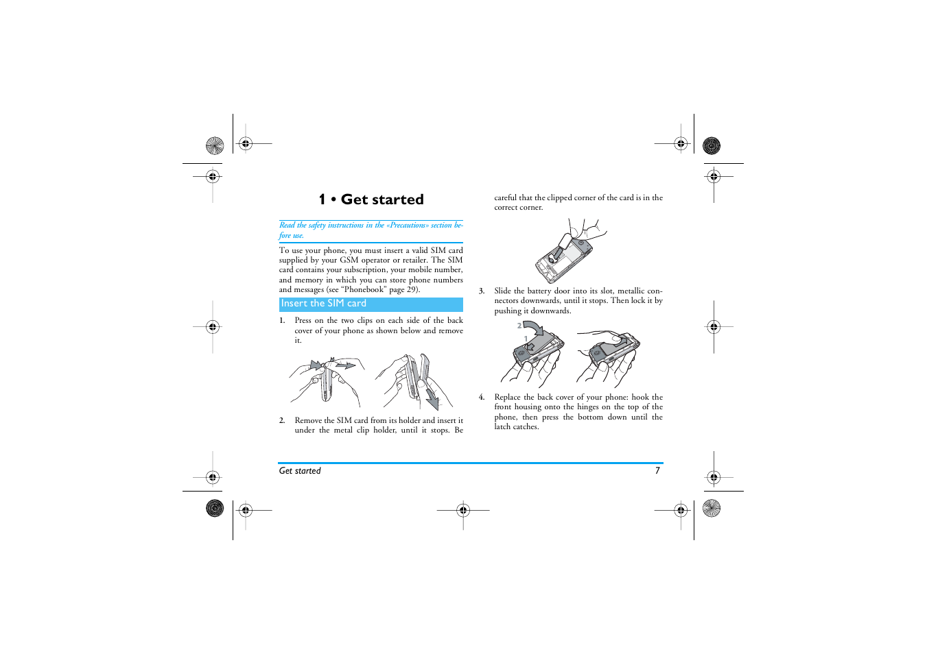 1 • get started, Insert the sim card, Get started | Philips 535 User Manual | Page 9 / 102