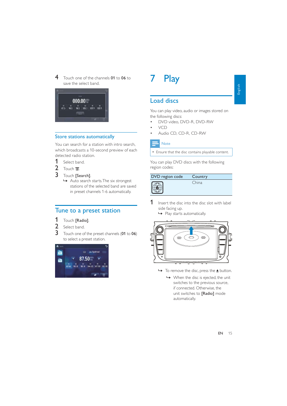 7 play, Load discs, Tune to a preset station 1 | Philips CID3287 User Manual | Page 14 / 34