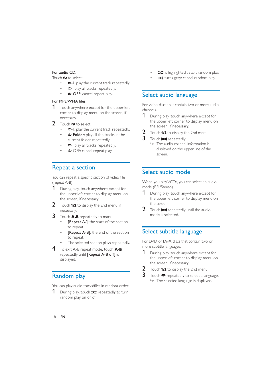 Select audio language, Select audio mode, Select subtitle language | Random play | Philips CID3287 User Manual | Page 17 / 34