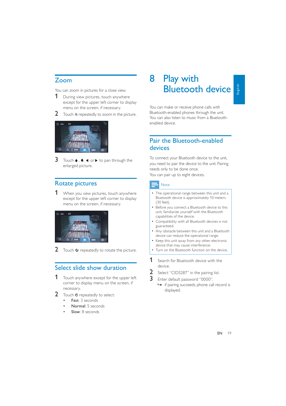 8 play with bluetooth device, Pair the bluetooth-enabled devices, Zoom | Rotate pictures 1, Select slide show duration 1 | Philips CID3287 User Manual | Page 18 / 34