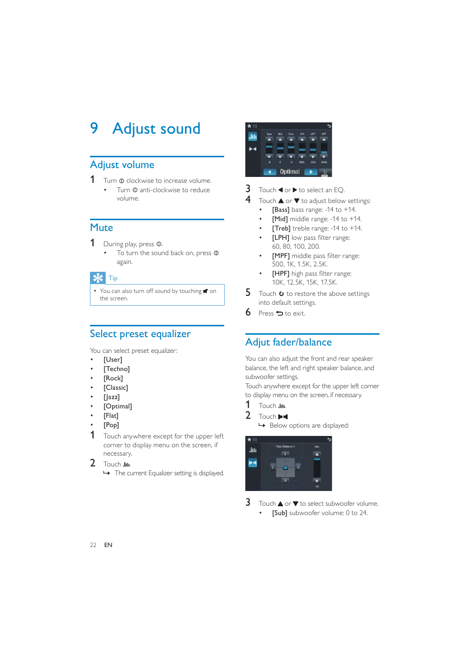 9 adjust sound, Adjut fader/balance, Adjust volume 1 | Mute 1, Select preset equalizer | Philips CID3287 User Manual | Page 21 / 34