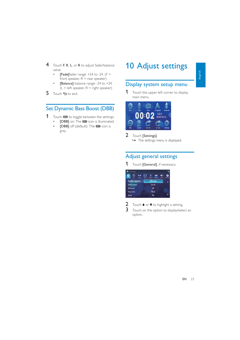 10 adjust settings, Display system setup menu 1, Adjust general settings 1 | Set dynamic bass boost (dbb) 1 | Philips CID3287 User Manual | Page 22 / 34