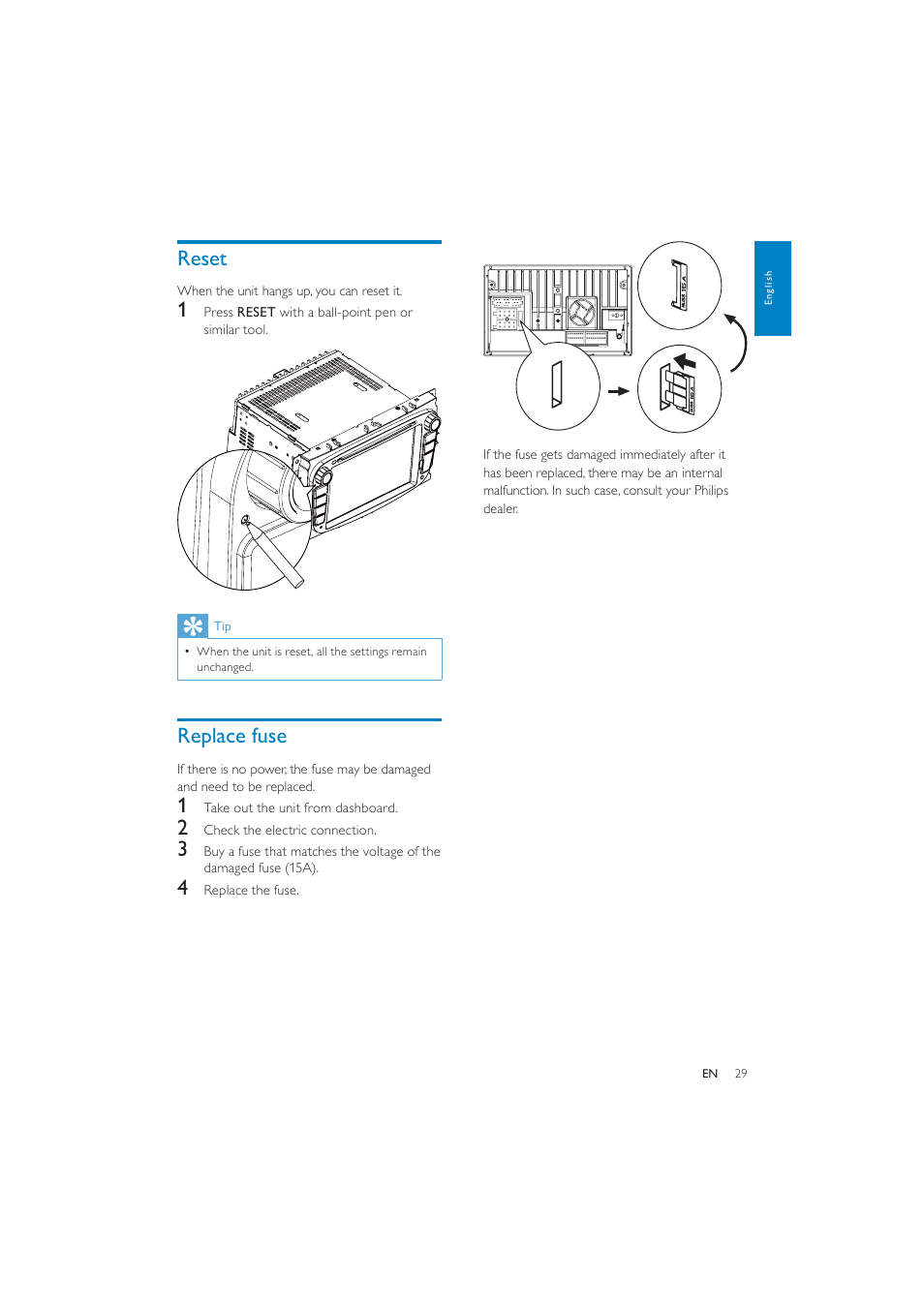 Reset, Replace fuse | Philips CID3287 User Manual | Page 28 / 34