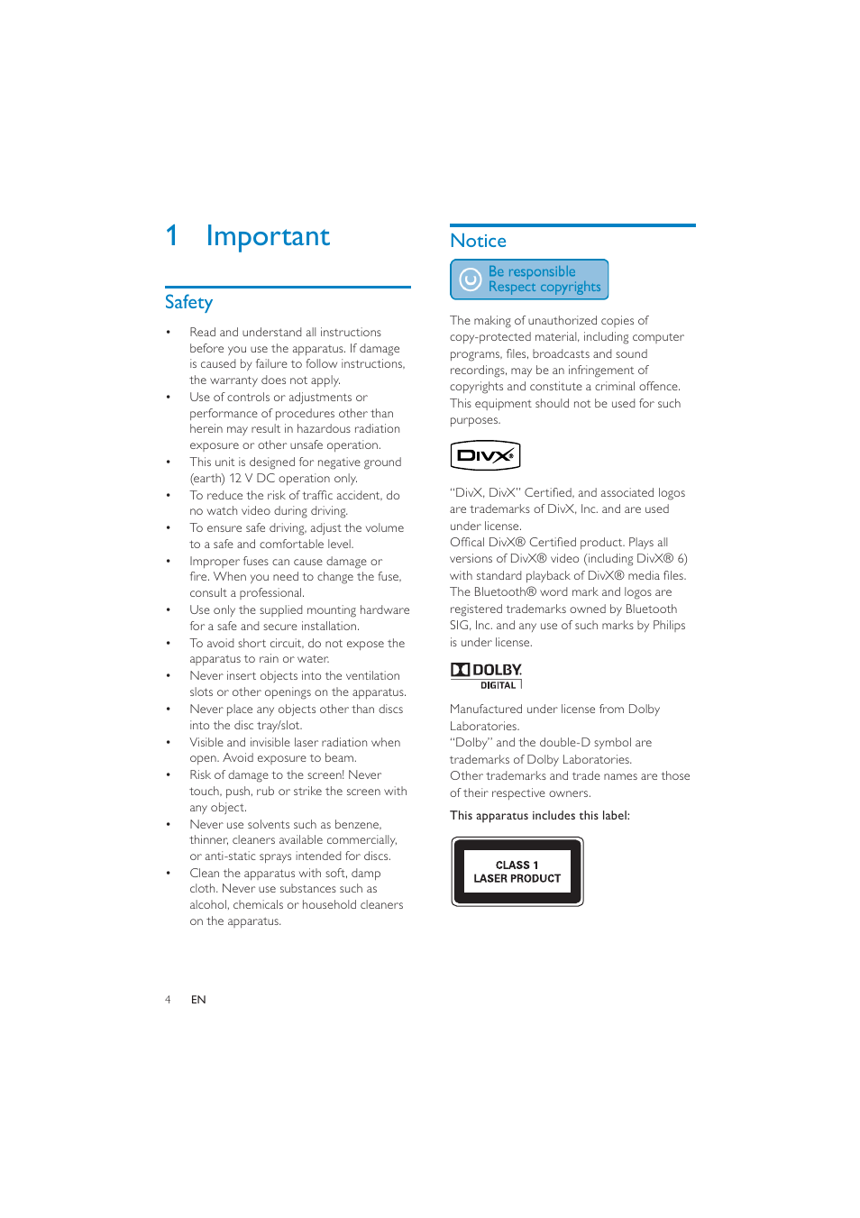 1 important, Notice, Safety | Philips CID3287 User Manual | Page 3 / 34