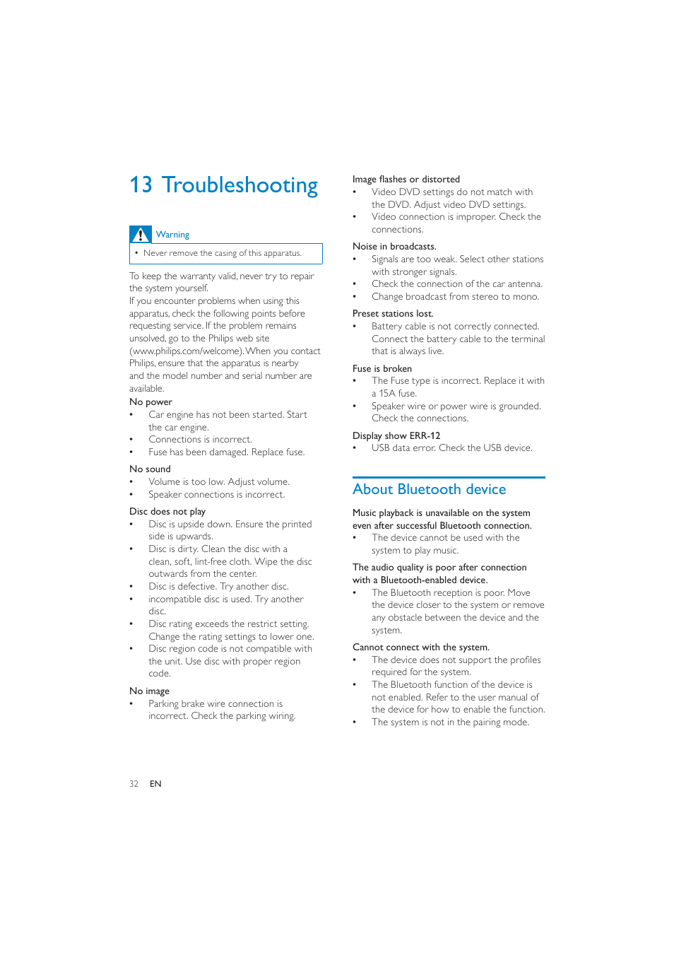 13 troubleshooting, About bluetooth device | Philips CID3287 User Manual | Page 31 / 34