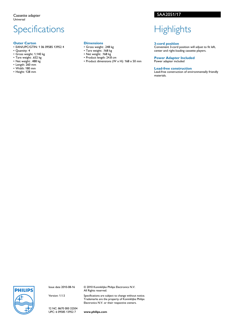 Specifications, Highlights | Philips SAA2051 User Manual | Page 2 / 2