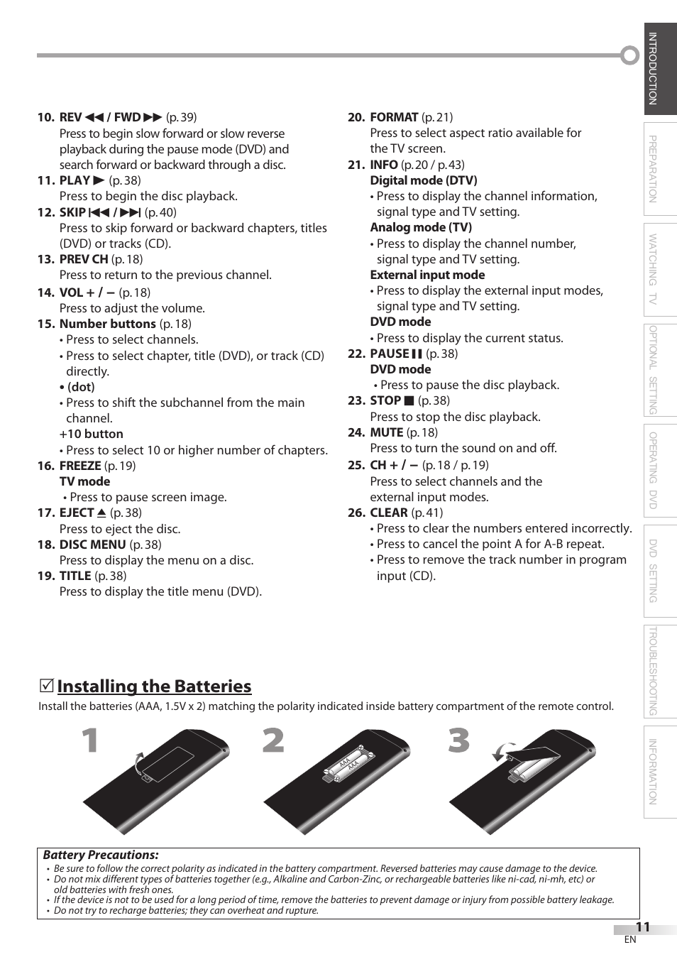 Installing the batteries | Philips Magnavox 26MD350B/F7 User Manual | Page 11 / 57