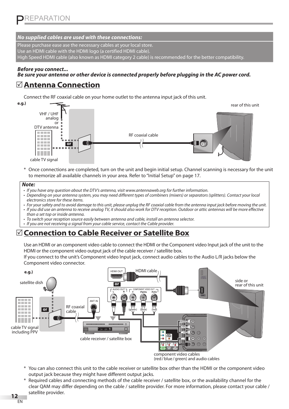 Reparation, Antenna connection, Connection to cable receiver or satellite box | No supplied cables are used with these connections | Philips Magnavox 26MD350B/F7 User Manual | Page 12 / 57