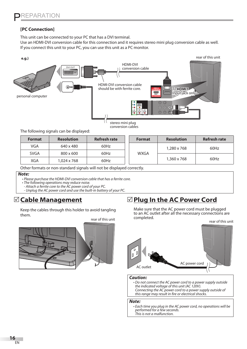 Reparation, Cable management, Plug in the ac power cord | Philips Magnavox 26MD350B/F7 User Manual | Page 16 / 57