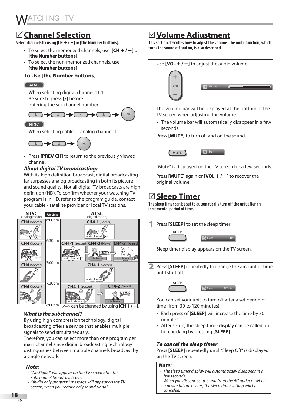 Atching tv, Channel selection, Volume adjustment | Sleep timer | Philips Magnavox 26MD350B/F7 User Manual | Page 18 / 57